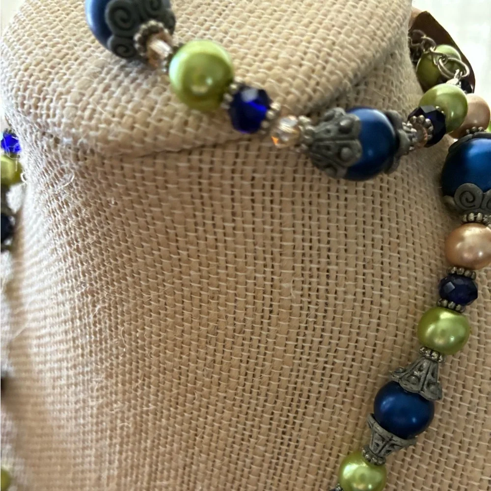 Vintage Brighton Blue Green Beaded Necklace & Bracelet Set Heart Lock Pendant